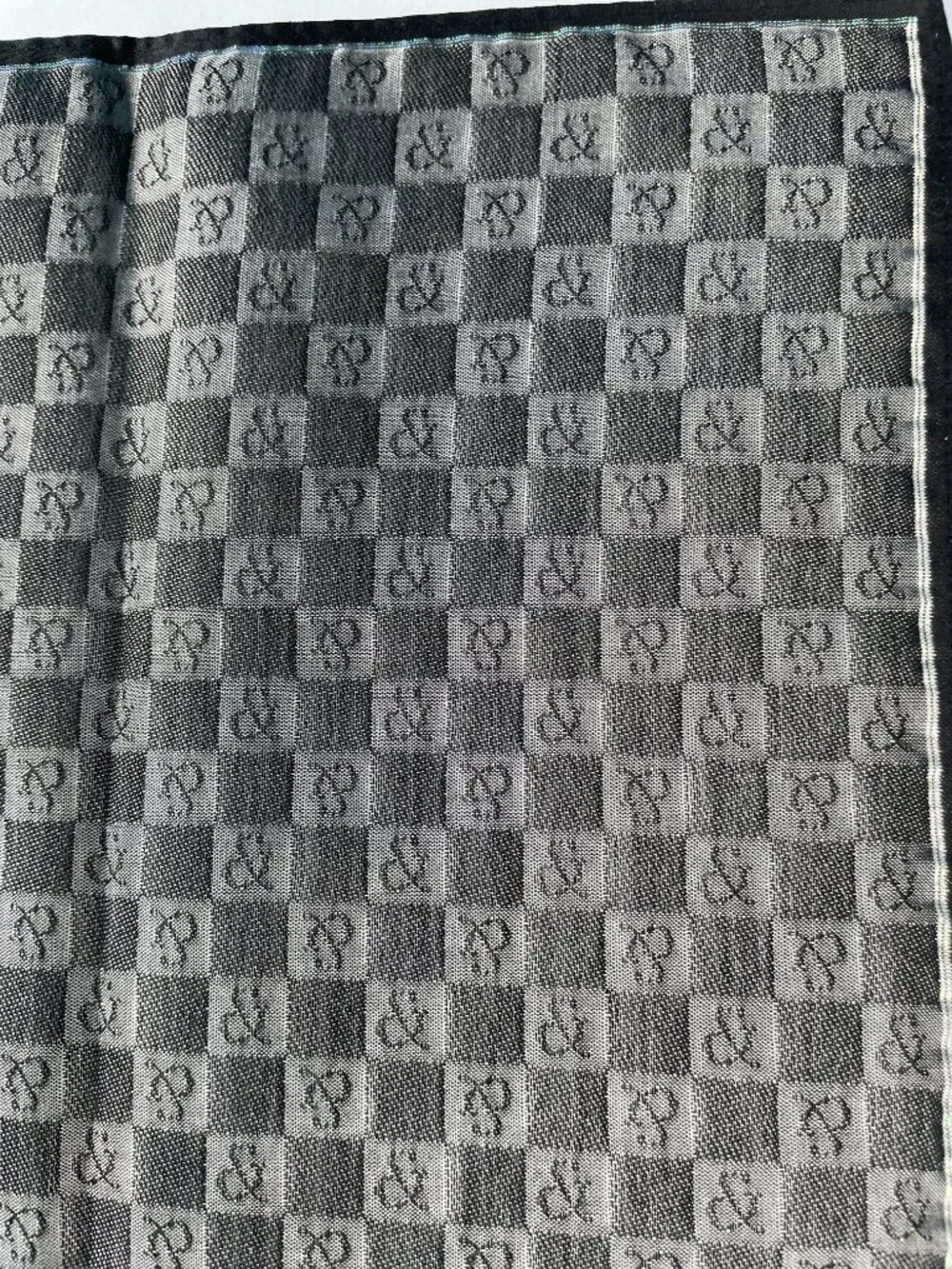 Vintage Pinky & Dianne Monogram Cotton Scarf Gray Checkerboard Embroidered